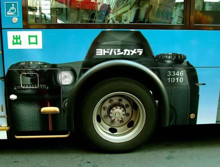 La ruota dell'autobus diventa l'obiettivo di una macchina fotografica