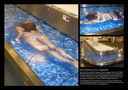 Il nastro bagagli è trasformato in una piscina in questa pubblicità "vacanziera" realizzata in un aeroporto
