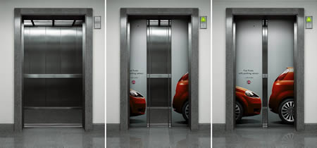 La precisione della chiusura delle porte dell'ascensore sfruttata in questa campagna pubblicitaria per presentare i nuovi sensori di parcheggio sulla Fiat Punto.