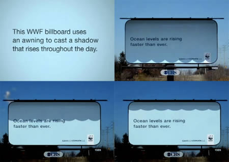 Questa pubblicità del WWF sfrutta l'ombra di un pannello per trasmettere efficacemente (e senza consumare energia) il messaggio del rapido innalzamento degli oceani.