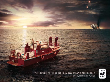 Questa pubblicità (in cui i soccorsi si fermano a fotografare l'alba anziché correre a salvare la nave che affonda) voleva rappresentare il fatto che non c'è tempo da perdere per intervenire in soccorso del pianeta. Il WWF però l'avrebbe rifiutata, giudicandola di cattivo gusto.