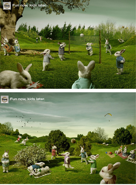 Conigli protagonisti in questa campagna dal motto "Divertimento adesso, figli più tardi".